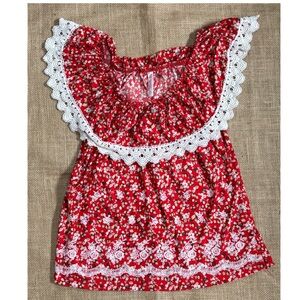 Red Floral Shirt Small Medium Lace Ruffle Tier Trim Folk Peasant Cottage Core